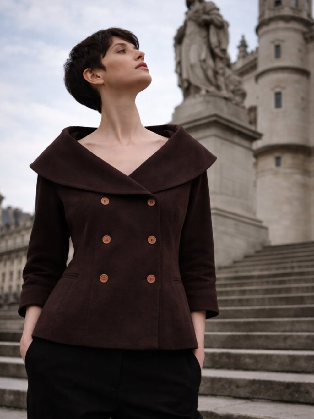 Magenta Draped Collar Jacket | Chocolate Brown | Sculptural Minimalist XS